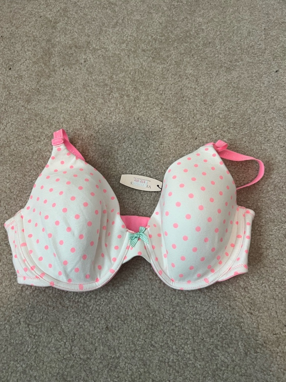 Victoria's Secret Lined Perfect Coverage White Bra with Pink Polka Dots